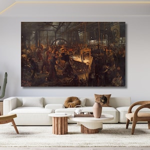 May include: A large rectangular wall art print depicting a dark, industrial iron foundry scene with workers surrounding a glowing molten metal furnace, featuring deep brown, black, and fiery orange tones within a busy, high-ceilinged factory setting.
