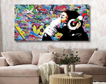 Banksy DJ Monkey Canvas / Monkey with Headphones Street Art / Graffiti Pop Art Wall Decor Print/14