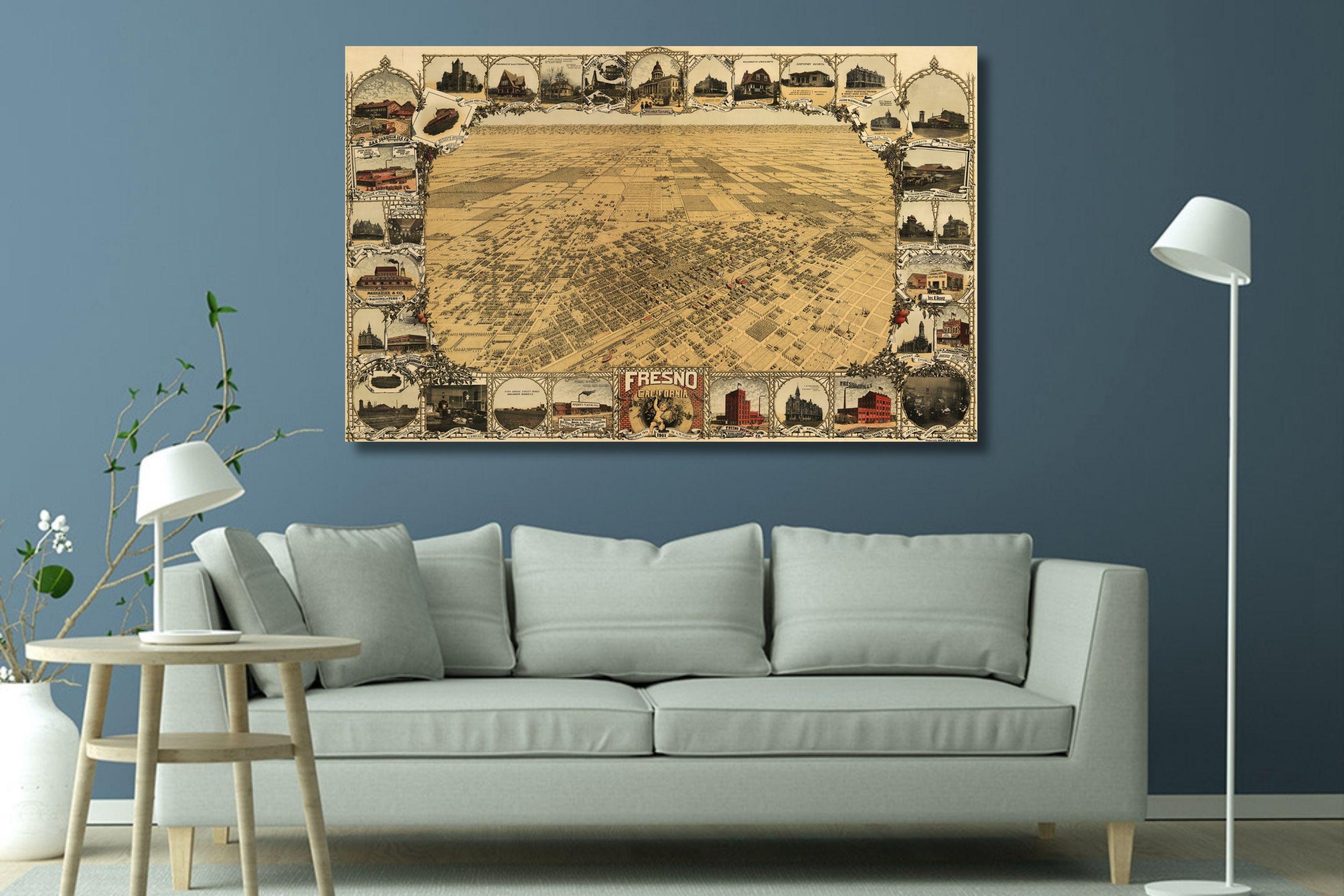 フレズノ カリフォルニア 1901年 ヴィンテージマップ キャンバス