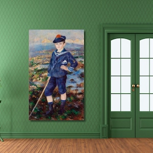 May include: A rectangular wall art print featuring a painting of a young person dressed in a dark blue sailor suit with a matching cap, standing in a landscape. The figure holds a long wooden staff and wears dark shoes with white socks.