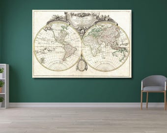 World Map Or Description Of The Terrestrial Globe (1775) Canvas/Vintage Geography/Antique Style/Classic Wall Decor/Travel Map Art Decor/11