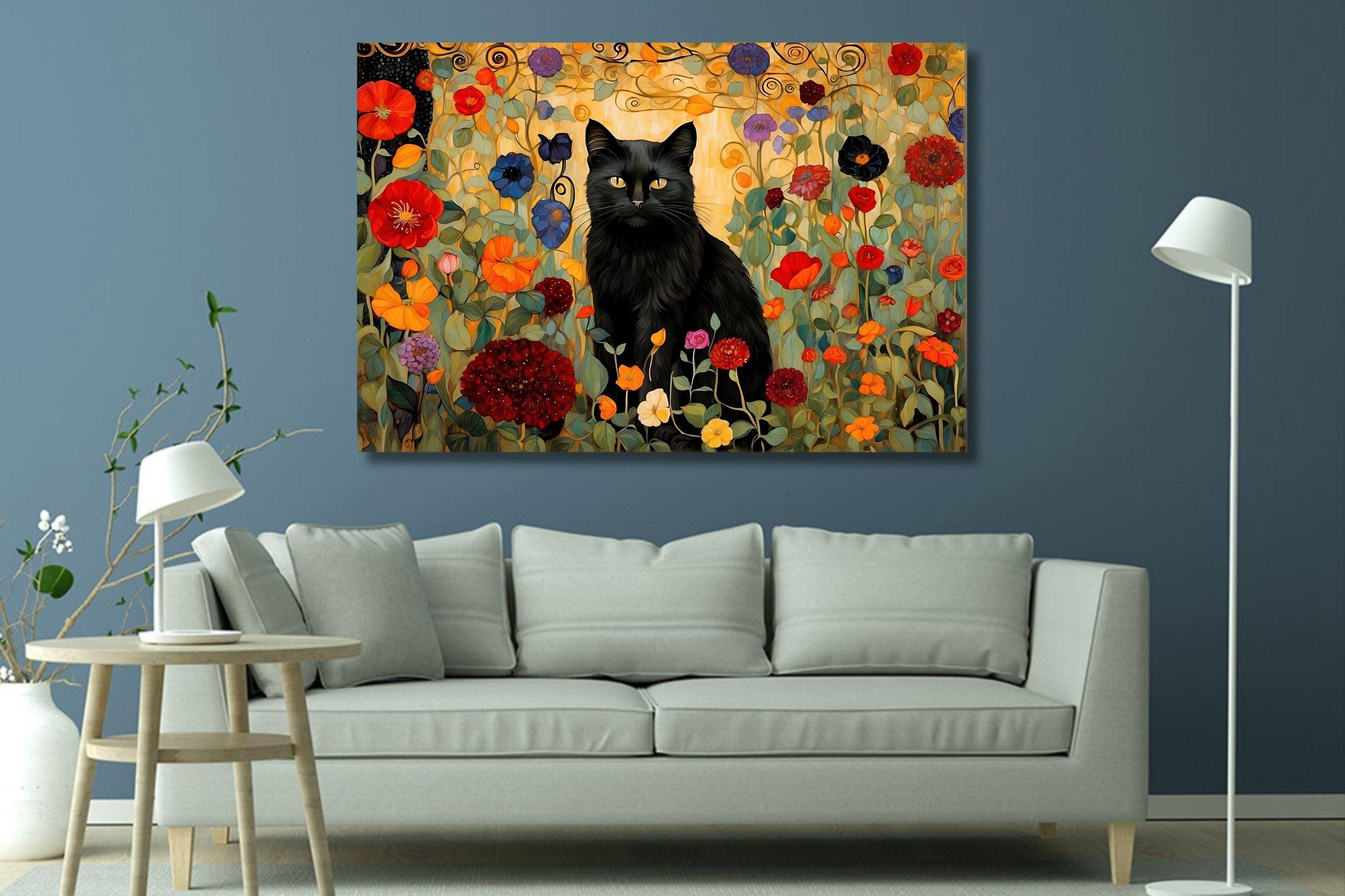 Gustav Klimt Black Cat in the Garden Canvas Art, Cat and Flowers ...