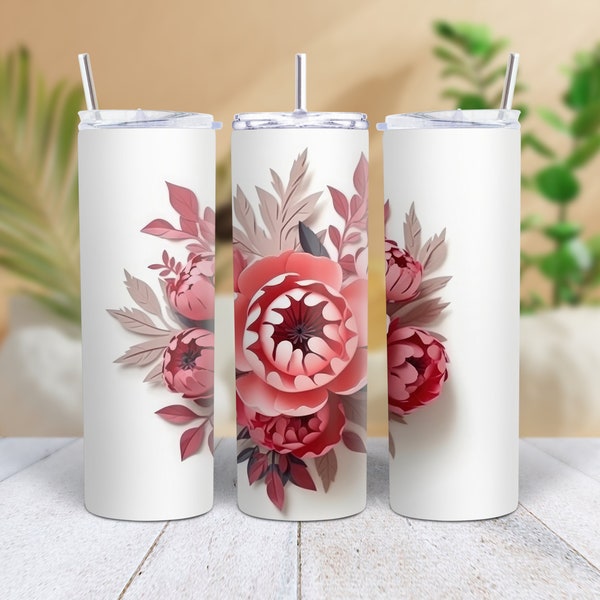 3D Red White Flowers 20 oz Skinny Tumbler Sublimation Design, Straight Tumbler Wrap, Instant Digital Download PNG Paper Cuts Roses