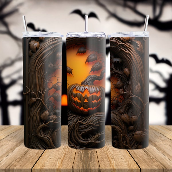 20oz Skinny Tumbler 3D Spooky Halloween Sublimation Design Template, Straight digital download. Horror Skeleton Skull Bat Ghost Monster Cup