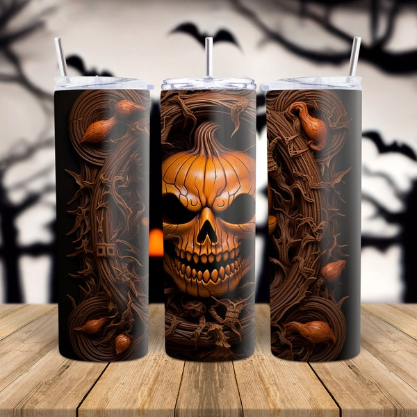 20oz Skinny Tumbler 3D Spooky Halloween Sublimation Design Template, Straight digital download. Horror Skeleton Skull Bat Ghost Monster Cup