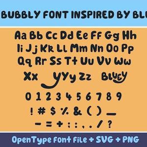 Fuente burbujeante: inspirada en nuestra familia favorita de tacones azules, ¡con extras! Glifos inspirados en Bluey, mapa de caracteres, formato de texto abierto, SVG y PNG.