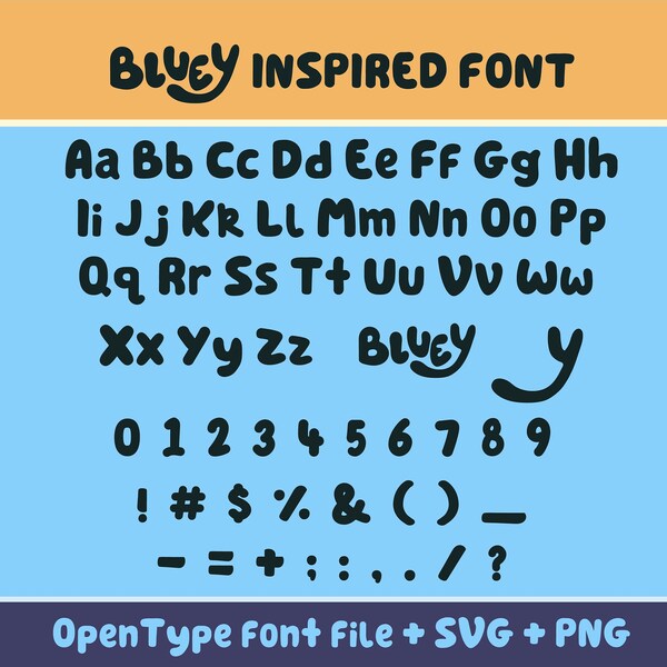 Bluey Inspired Font - Bluey theme bubble font with extra glyphs, in open text format, as well as SVG, and PNG. Comes with Character map.