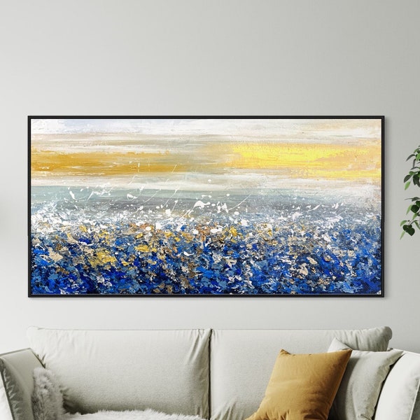 Bright Oversize Colorful Abstract Wall Art Oil Painting On Canvas Blue Flowers Field Horizontal Ocean Art Extra Large Palette Knife Artwork