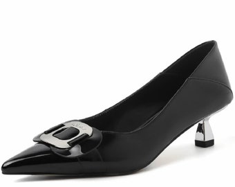 Noir, taille 37 escarpins pointus en cuir véritable pour femmes, boucle argentée élégante, décoration en cuir véritable, chaussures à talons hauts pour femmes