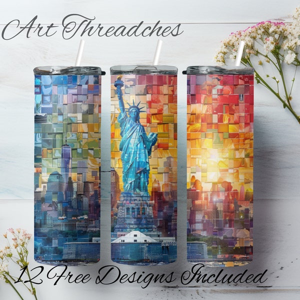 20 oz Skinny Tumbler Wrap Sublimation Design, Mosaic Pattern, Cities, Instant Download, Vibrant Digital Art, Bright Colors PNG DIGITAL ONLY