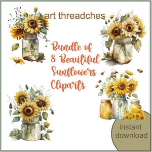 Bundle of 8 Beautiful Sunflowers ClipArt&#39;s, Watercolor, High Quality 300 DPI, Ai Digital Art, PNG, PDF and more
