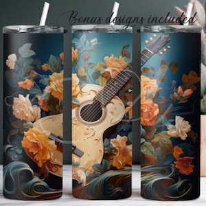 Beautiful Guitar Design, 20 oz Skinny Tumbler Sublimation Design, Guitar with Flowers, Beautiful Flowers, Digital Download PNG DIGITAL ONLY