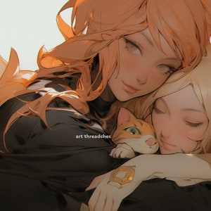Mom and Daughter with Cat, Landscape, Png file, Clipart,  AI Digital Art, Hyper-Detailed Fantasy, Anime Style