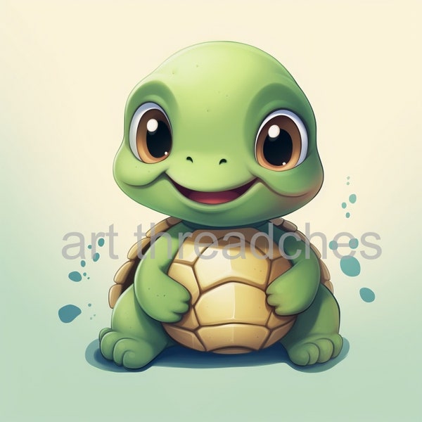 Niedliche Baby-Schildkröte, AI Digital Art, Kawaii, Cardmaking, Aufkleber machen, T-Shirt Druck, Wand-Dekor, Kinder-Shirts.