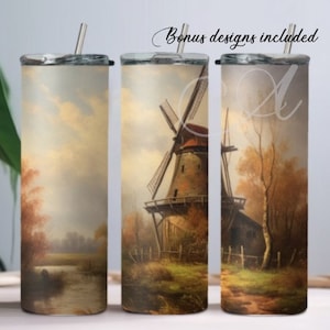 Antique Windmill Oil Painting Style, 20 oz Skinny Tumbler Sublimation Design Digital Download PNG DIGITAL ONLY,