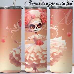 Pastel Colors Catrina Dancing, Roses Background, Mexico Folklore 20 oz Skinny Tumbler Sublimation Design Digital Download PNG DIGITAL ONLY,