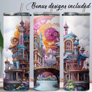 Pastell Steampunk Brücke, Großstadt, 20 oz Skinny Becher Sublimation Design digitaler Download PNG NUR DIGITAL.