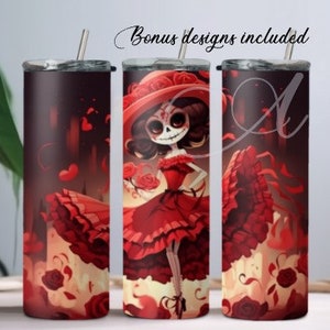 Day of Dead Catrina Dancing, Roses Background, Mexico Folklore 20 oz Skinny Tumbler Sublimation Design Digital Download PNG DIGITAL ONLY,