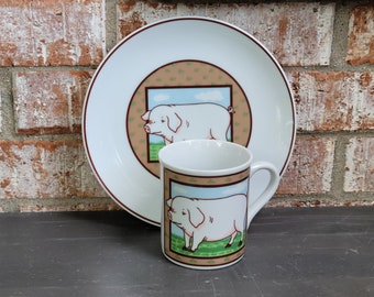 Pig Lover Gift Set - Coffee Mug & Plate - Vintage Kitchen Decor