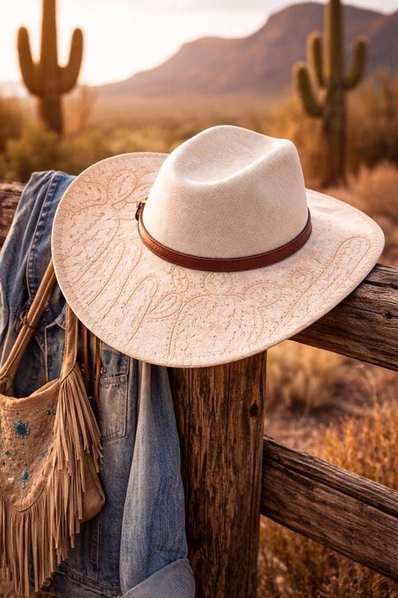 Women\'s Cream Western Felt Hat with Cactus Accent Desert Burned Hat, Cactus Engraved Cowboy Hat, Cactus Hat  main image 3