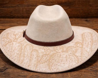 Hand Burned Cactus Cowboy Hat | Cream Felt Western Style, Boho Ranch Fashion