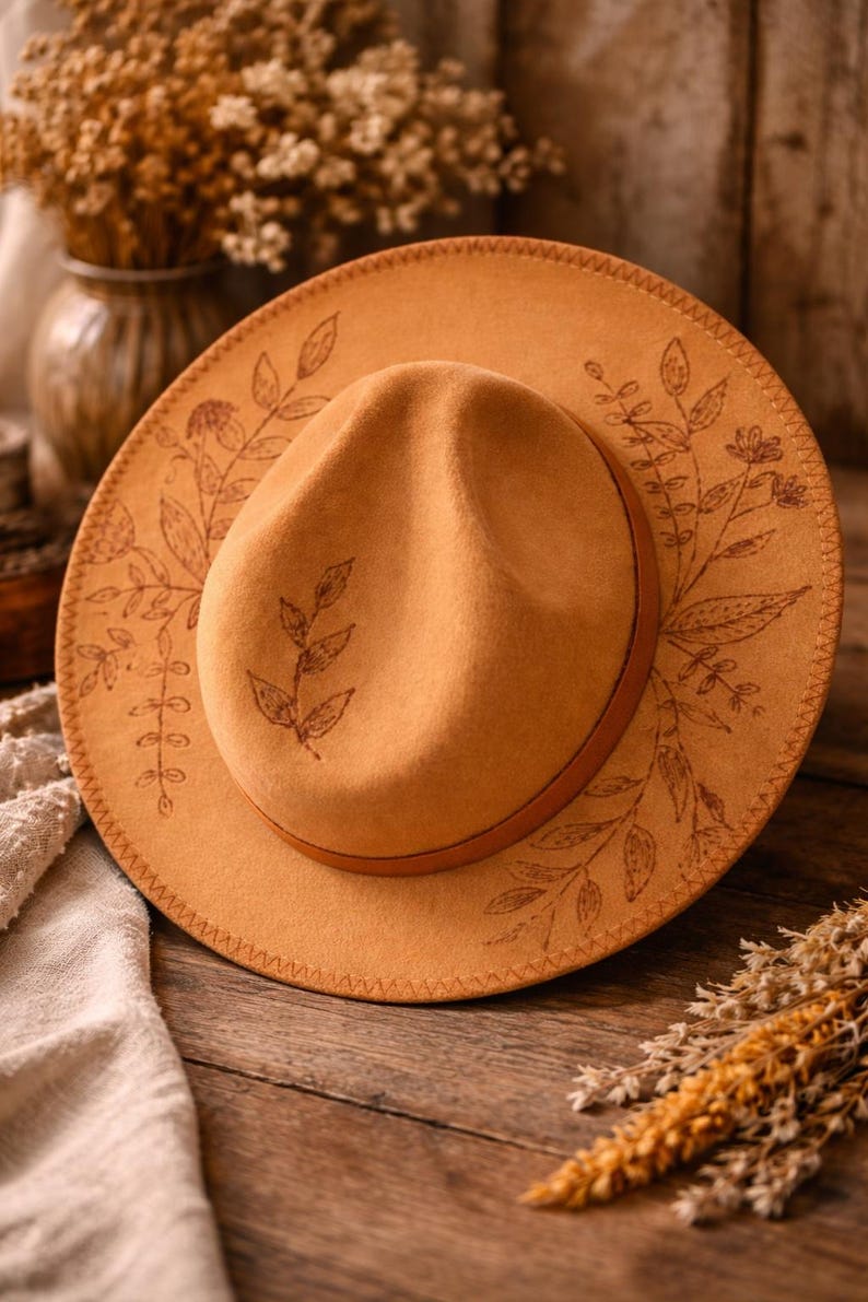 Hand Burned Floral Cowboy Hat | Boho Western Felt Ranch Style Festival Hat image 3