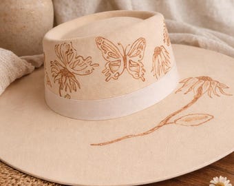 Hand Burned Butterfly Felt Hat | Wide Brim Fedora | Custom Western Hat | Boho Rancher Hat | Handmade Botanical Hat | Cream Felt Hat