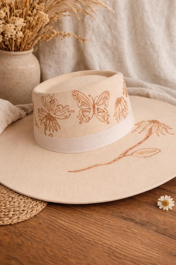 Hand Burned Butterfly Felt Hat | Wide Brim Fedora | Custom  display picture 1