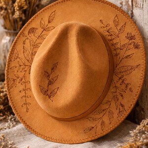 Hand Burned Floral Cowboy Hat | Boho Western Felt Ranch Style Festival Hat image 1