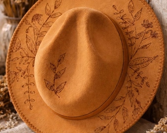 Hand Burned Floral Cowboy Hat | Boho Western Felt Ranch Style Festival Hat
