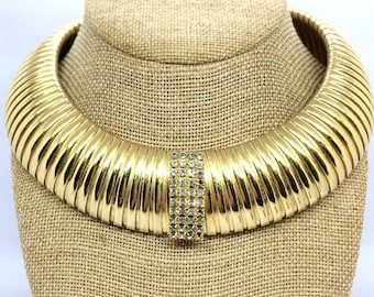 VINTAGE JUMBO OMEGA Necklace Collar Rhinestone Center Ribbed 80s Runway Necklace