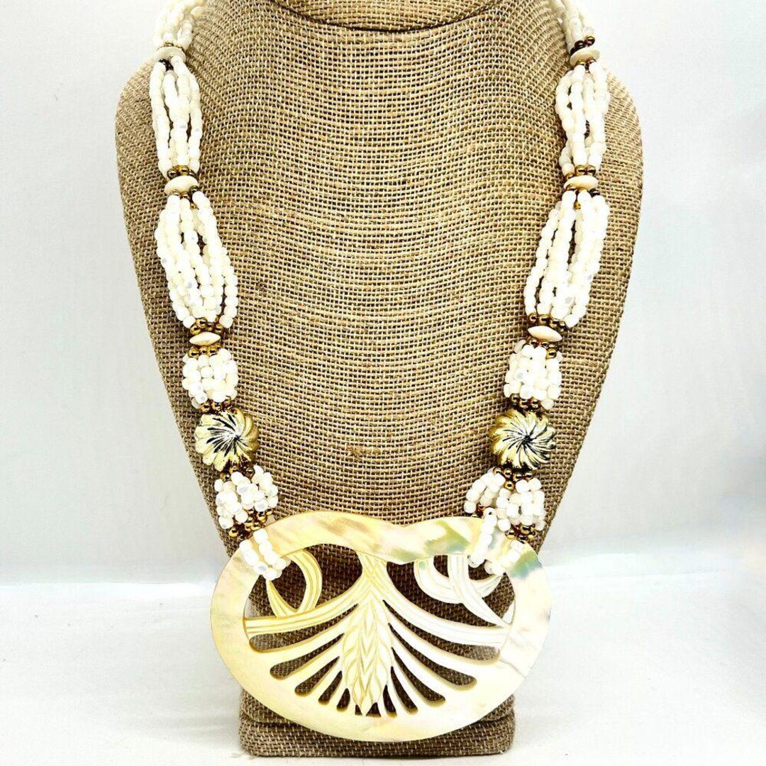 VINTAGE MOP Mother of Pearl Statement Necklace Multi Strand Bead Gold ...