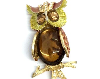 VINTAGE ART Arthur Pepper chouette Broche Jelly Belly strass Broche dorée