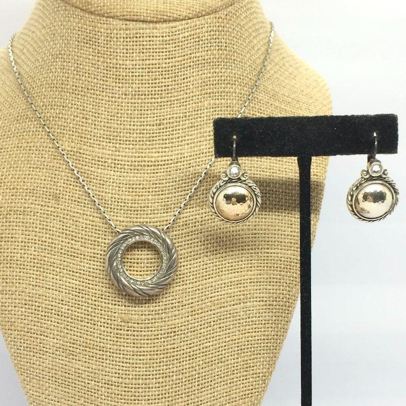 VINTAGE BRIGHTON Necklace Earrings Set Hammered Gold Disc Rhinestone Pendant image 2