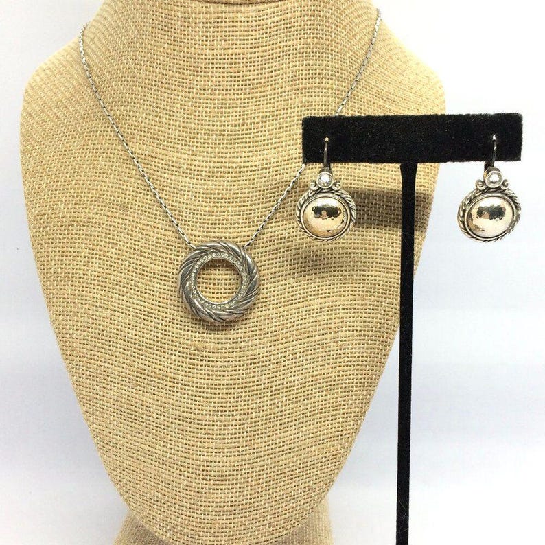 VINTAGE BRIGHTON Necklace Earrings Set Hammered Gold Disc Rhinestone Pendant image 1