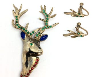 VINTAGE DEER BROOCH Rhinestone Gold Tone Figural Holiday Reindeer Statement Pin