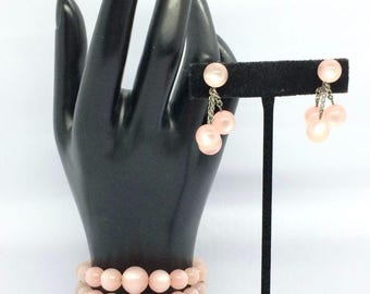 VINTAGE Pink MOONGLOW Bracelet Earrings Bead Set MCM Midcentury Spring Easter