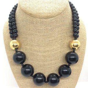 MONET Black Bead Necklace Statement Vintage 80s Gold Tone Collar