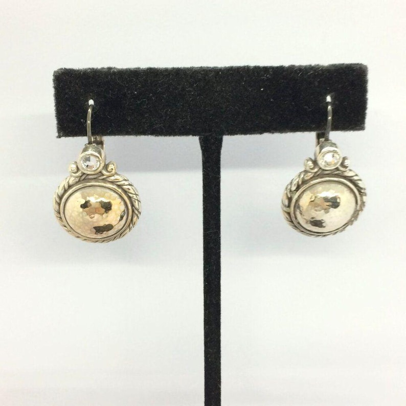 VINTAGE BRIGHTON Necklace Earrings Set Hammered Gold Disc Rhinestone Pendant image 6