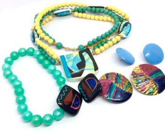 Vintage 80s Jewelry Lot Colorful Necklace Earrings Bracelet Japan Pop Art Retro