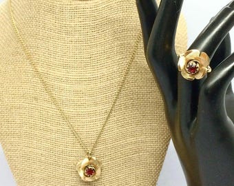 VINTAGE SARAH COVENTRY Rose Necklace Ring Set Gold Tone Red Rhinestone