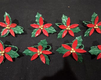 Vintage Christmas Poinsettia Metal Napkin Rings Set Of 8 Holders