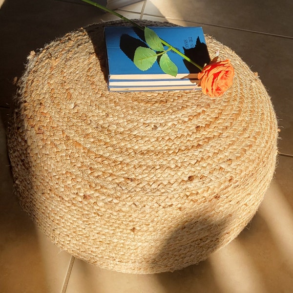 18" Round Jute Knitted Pouf Ottoman beige...