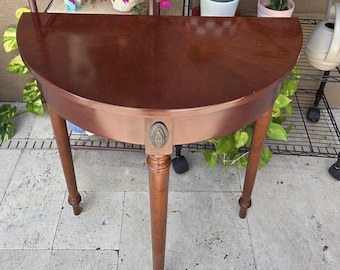 1996 Bombay Furniture Mahogany Wood Demi Lune Console Entry Hall Table Half Moon Vtg Solid Wood 1993 size H29"XL23.75"XW12"