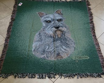 Vtg Judy Gibson Schnauzer Dog Tapestry Throw Blanket Fringe Trim 60&quot;X50&quot; NEW
