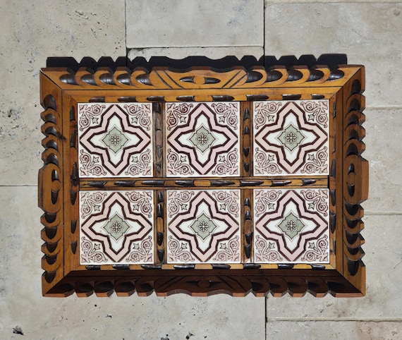 Vtg Mexican Tile & Handcarved Wooden Tray 17.5&quot;x12.5&quot;