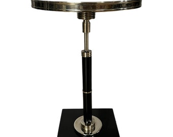 Machine Age Art Deco Style Black Granite Top Chrome And Ebonized End Table/ Drink Table Round