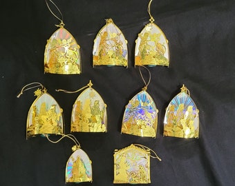 Ensemble de 9 décorations de Noël irisées 3D en laiton doré filigrane miroir