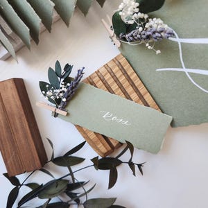 Handmade Green Wedding Place Cards: Calligraphy, Dried Flowers