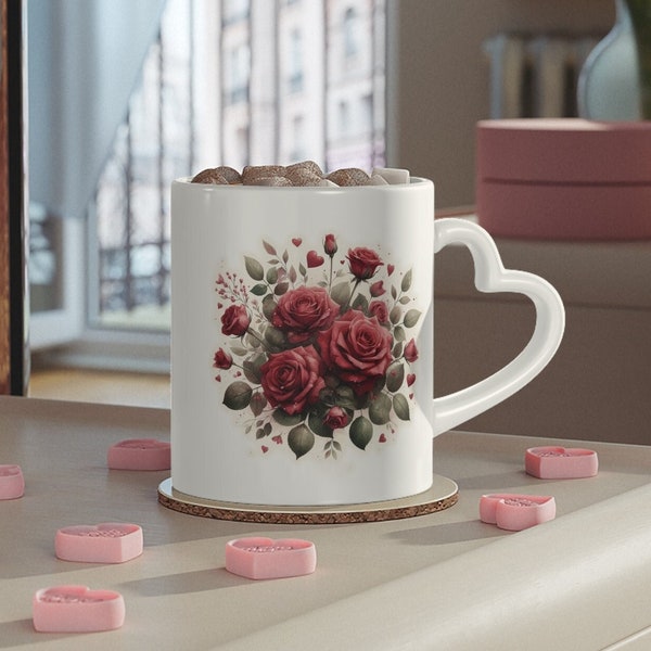 ROSE ROSSE - Tazza di Ceramica con Manico a Cuore | Boho, Cottagecore, Botanico | 330ml | Idea Regalo | Caffè, Tè, Tisane, Cioccolata | EU